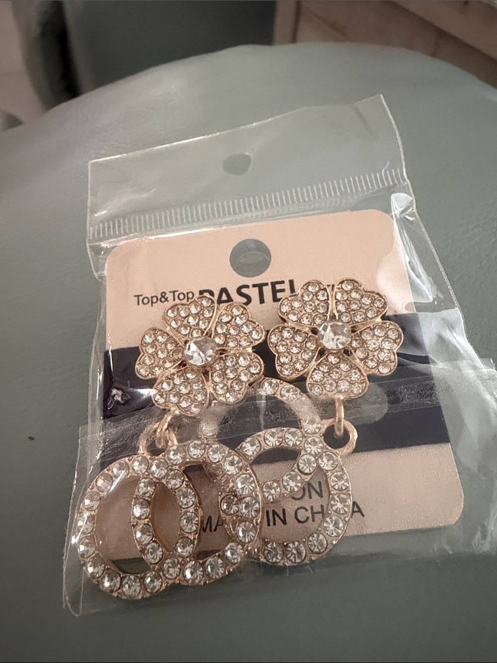 Pastel Gold Crystal Flower Clip Double Hoop Drop Earrings